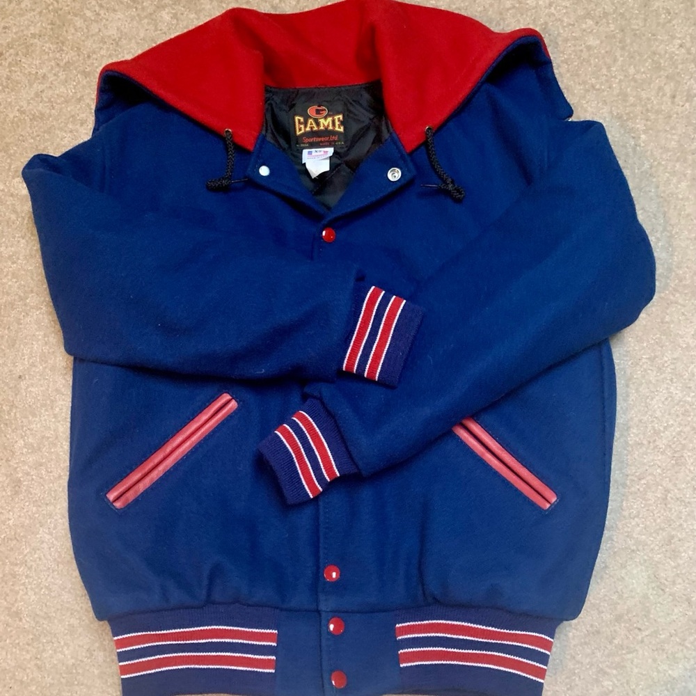 New Female Varsity Jacket. Royal/Red zip hood.